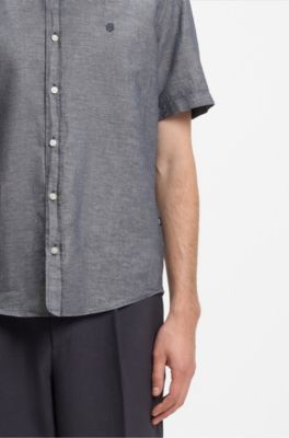 Short-sleeved shirt in a cotton and linen blend, Dark Blue