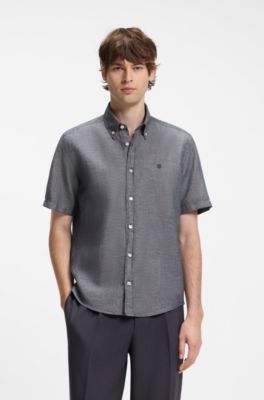 Short-sleeved shirt in a cotton and linen blend, Dark Blue