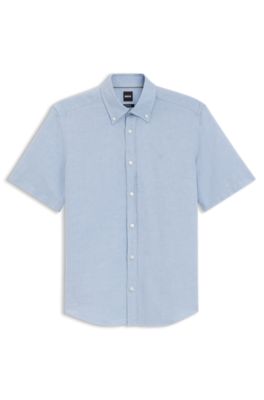 Short-sleeved shirt in a cotton and linen blend, Light Blue