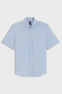 Short-sleeved shirt in a cotton and linen blend, Light Blue