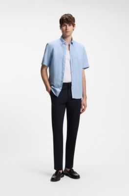 Short-sleeved shirt in a cotton and linen blend, Light Blue