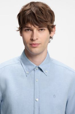 Short-sleeved shirt in a cotton and linen blend, Light Blue
