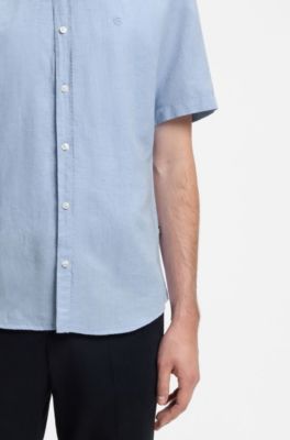 Short-sleeved shirt in a cotton and linen blend, Light Blue