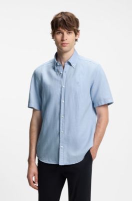 Short-sleeved shirt in a cotton and linen blend, Light Blue