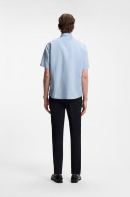 Short-sleeved shirt in a cotton and linen blend, Light Blue
