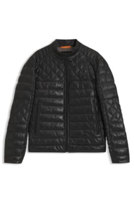 Zip-front leather jacket with quilted panels, Black