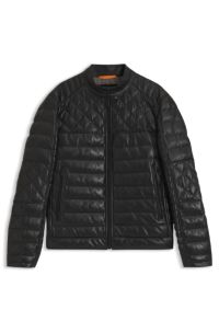 Zip-front leather jacket with quilted panels, Zwart