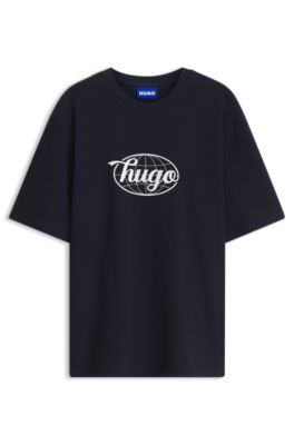 Graphic-print T-shirt in waffle-knit cotton, Dark Blue