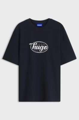 Graphic-print T-shirt in waffle-knit cotton, Dark Blue