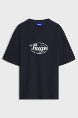 Graphic-print T-shirt in waffle-knit cotton, Dark Blue