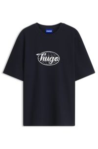 Graphic-print T-shirt in waffle-knit cotton, Dark Blue