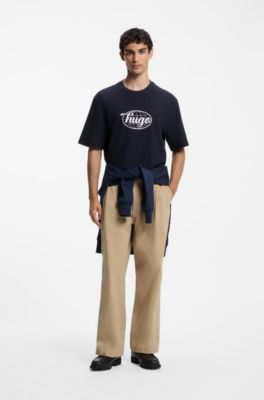 Graphic-print T-shirt in waffle-knit cotton, Dark Blue