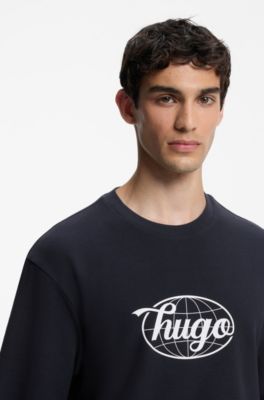 Graphic-print T-shirt in waffle-knit cotton, Dark Blue