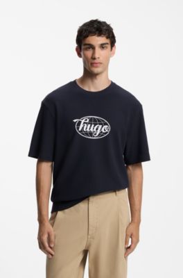 Graphic-print T-shirt in waffle-knit cotton, Dark Blue