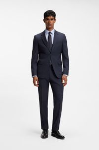 Costume Slim en laine vierge &agrave; micro motif, Bleu fonc&eacute;
