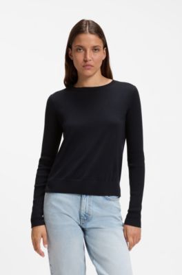 Maglione a girocollo in lana merino extrafine, Blu scuro