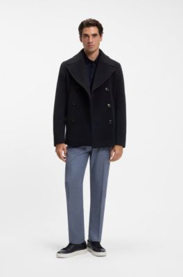 Cappotto doppiopetto slim fit in misto lana, Blu scuro