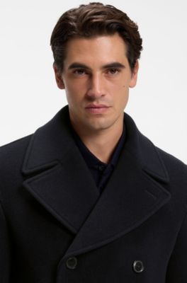 Cappotto doppiopetto slim fit in misto lana, Blu scuro