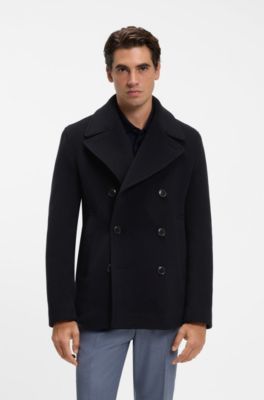 Cappotto doppiopetto slim fit in misto lana, Blu scuro