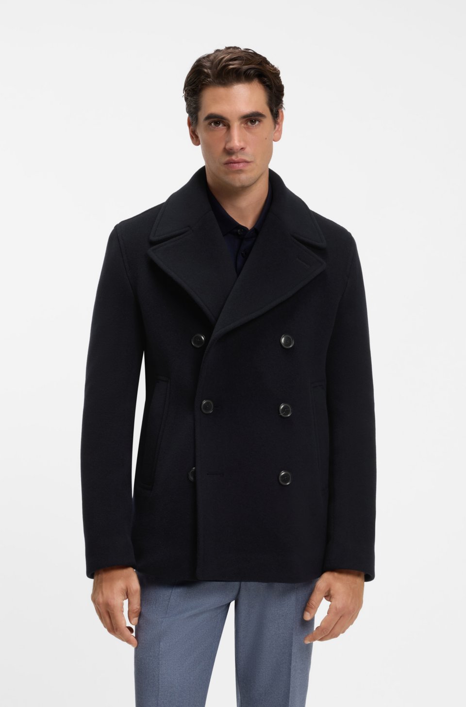 Slim-fit double-breasted short coat in a wool blend