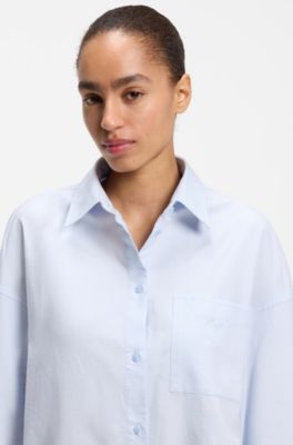 Oversized-fit blouse in Oxford cotton with embroidered logo, Light Blue