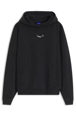 Relaxed-fit hoodie in washed cotton with appliqu&eacute; logo, Black