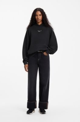 Relaxed-fit hoodie in washed cotton with appliqu&eacute; logo, Black