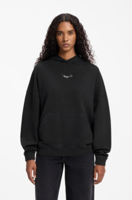 Relaxed-fit hoodie in washed cotton with appliqu&eacute; logo, Black
