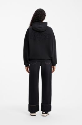 Relaxed-fit hoodie in washed cotton with appliqu&eacute; logo, Black