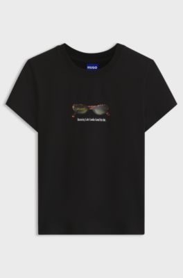 Slim-fit T-shirt in stretch cotton with graphic print, Black