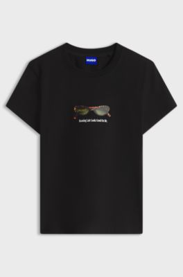Slim-fit T-shirt in stretch cotton with graphic print, Black