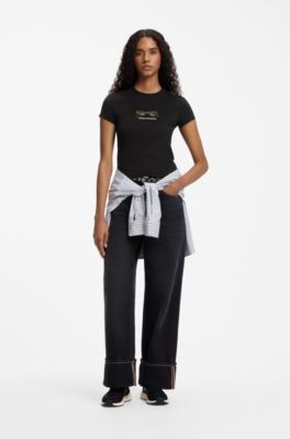 Slim-fit T-shirt in stretch cotton with graphic print, Black
