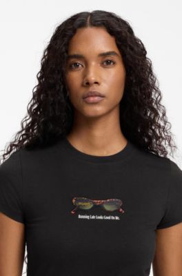 Slim-fit T-shirt in stretch cotton with graphic print, Black