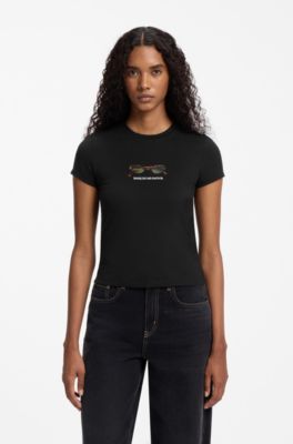 Slim-fit T-shirt in stretch cotton with graphic print, Black