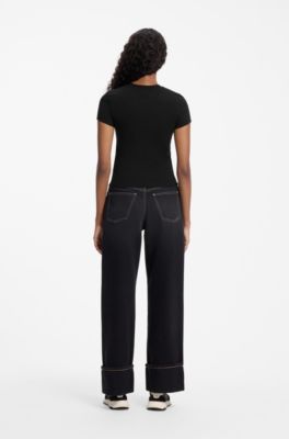 Slim-fit T-shirt in stretch cotton with graphic print, Black