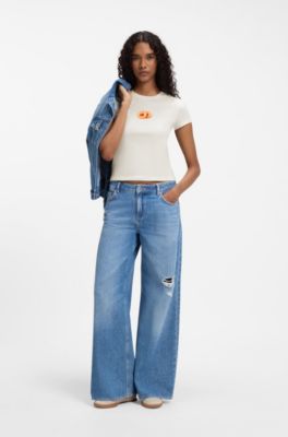Slim-fit T-shirt in stretch cotton with graphic print, Natural