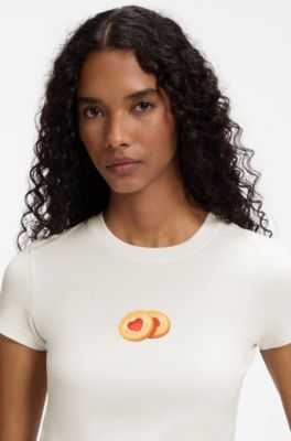 Slim-fit T-shirt in stretch cotton with graphic print, Natural