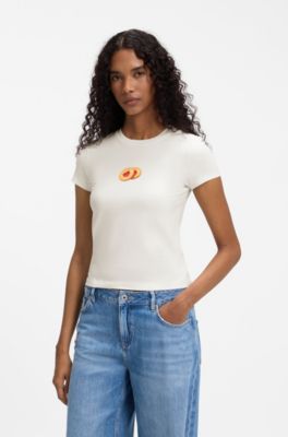 Slim-fit T-shirt in stretch cotton with graphic print, Natural