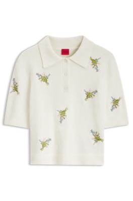 Slim-fit knit polo with floral-bouquet embroidery, Patterned