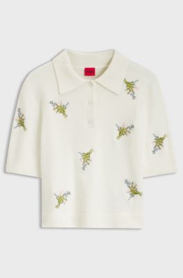 Slim-fit knit polo with floral-bouquet embroidery, Patterned