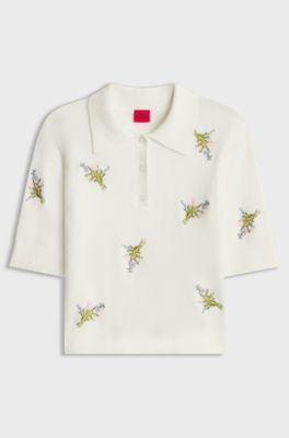 Slim-fit knit polo with floral-bouquet embroidery, Patterned