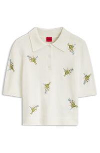 Slim-fit knit polo with floral-bouquet embroidery, Patterned