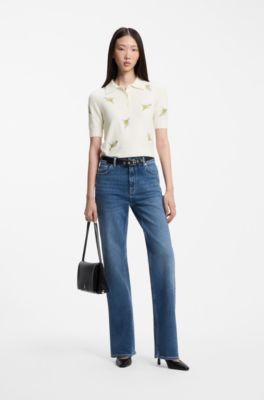 Slim-fit knit polo with floral-bouquet embroidery, Patterned