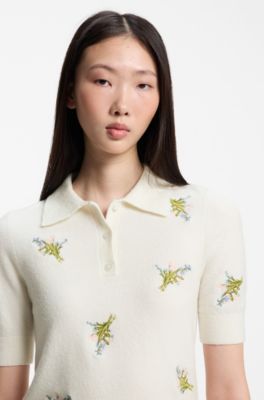 Slim-fit knit polo with floral-bouquet embroidery, Patterned