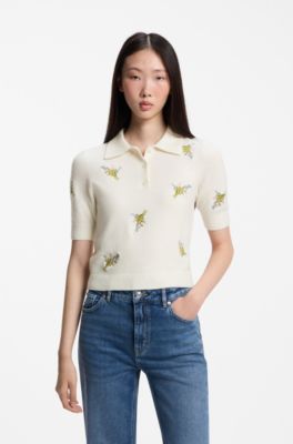 Slim-fit knit polo with floral-bouquet embroidery, Patterned