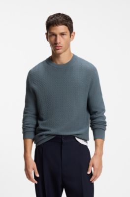 Crew-neck sweater in jacquard-woven cotton, Dark Grey