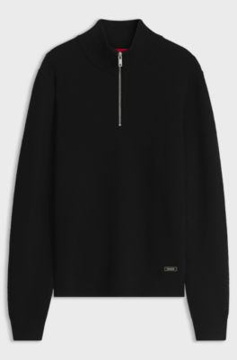Zip-neck sweater in a virgin wool blend, Black