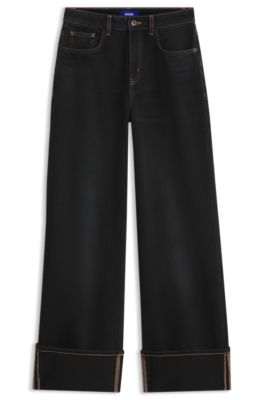 Wide-leg jeans in rigid denim with turn-ups, Black