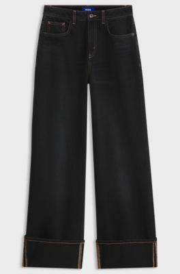 Wide-leg jeans in rigid denim with turn-ups, Black