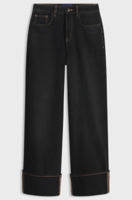 Wide-leg jeans in rigid denim with turn-ups, Black
